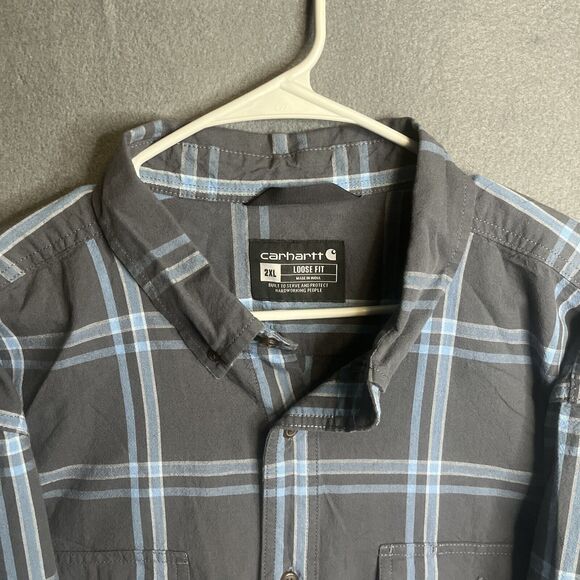 Carhartt Plaid Loose Fit Button Down Blue Workwear Long Sleeve Outdoors 2XL - Picture 3 of 8